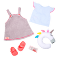 Outfit and unicorn travel pillow for 18-inch doll