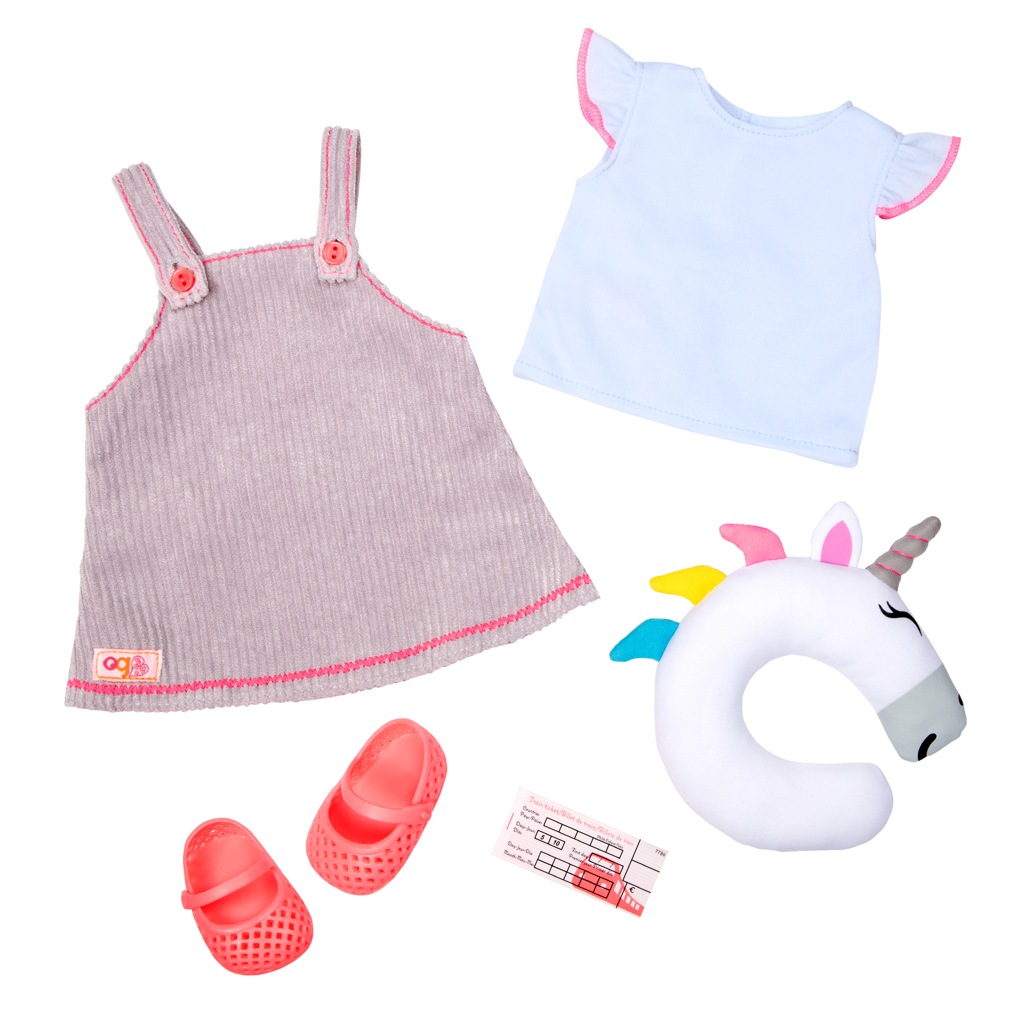 Outfit and unicorn travel pillow for 18-inch doll