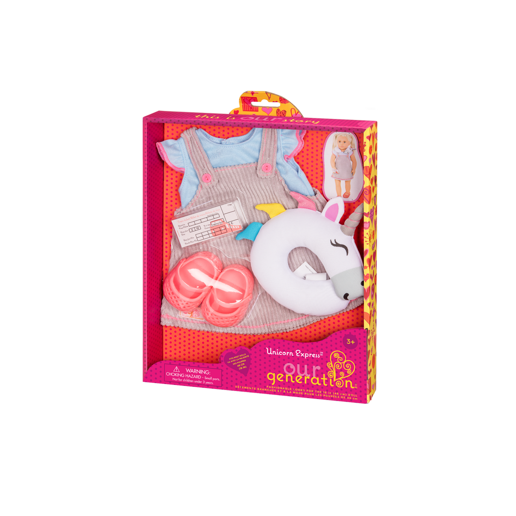 Outfit and unicorn travel pillow for 18-inch doll