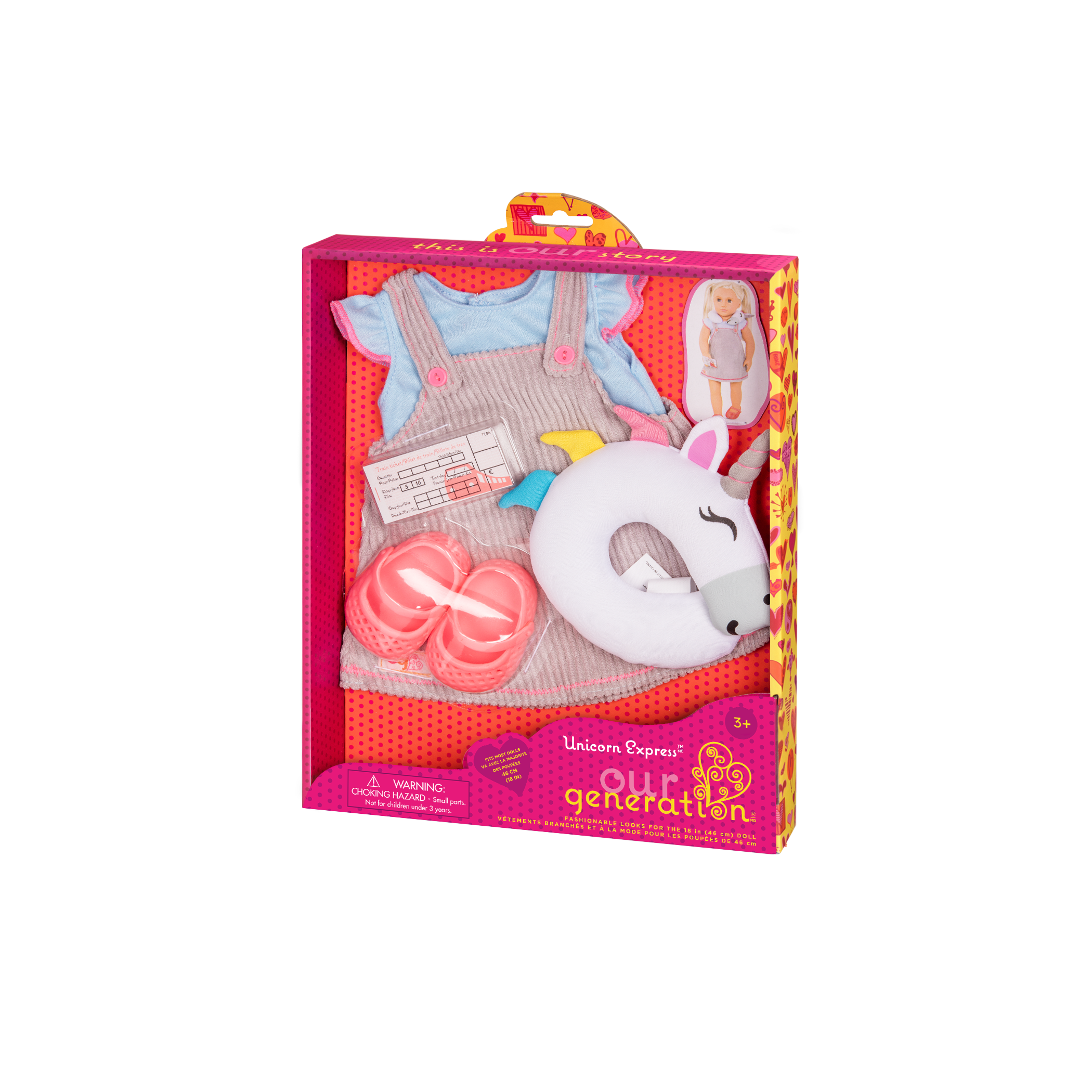 Outfit and unicorn travel pillow for 18-inch doll