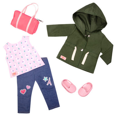 Alpaca-themed travel outfit with duffel bag for 18-inch doll