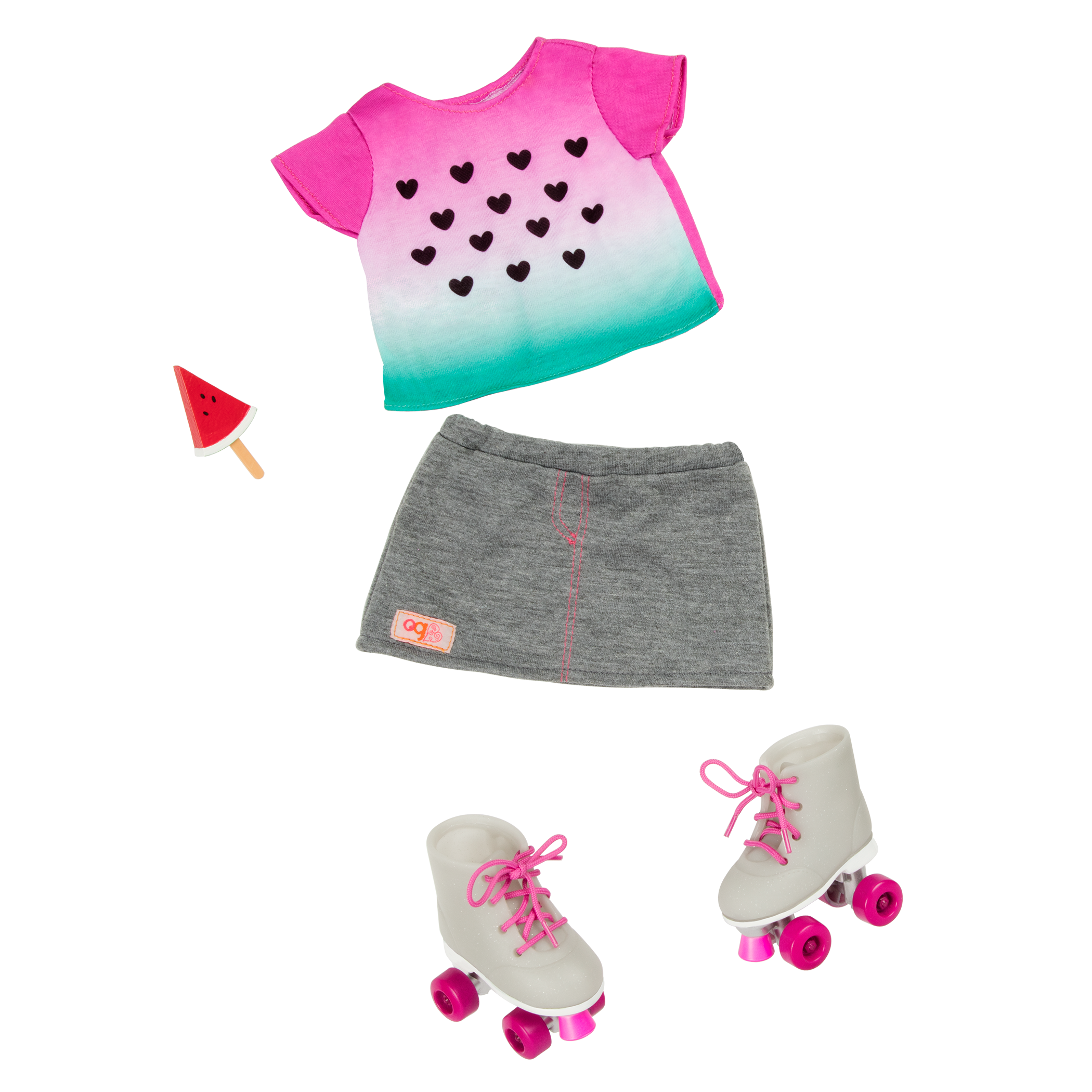 Watermelon-themed roller skating outfit for 18-inch doll