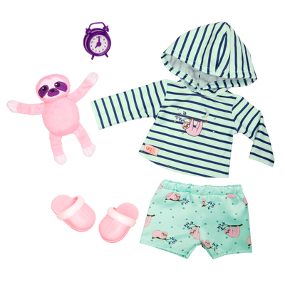 Sloth-themed pajamas with sloth plushie and alarm clock for 18-inch doll