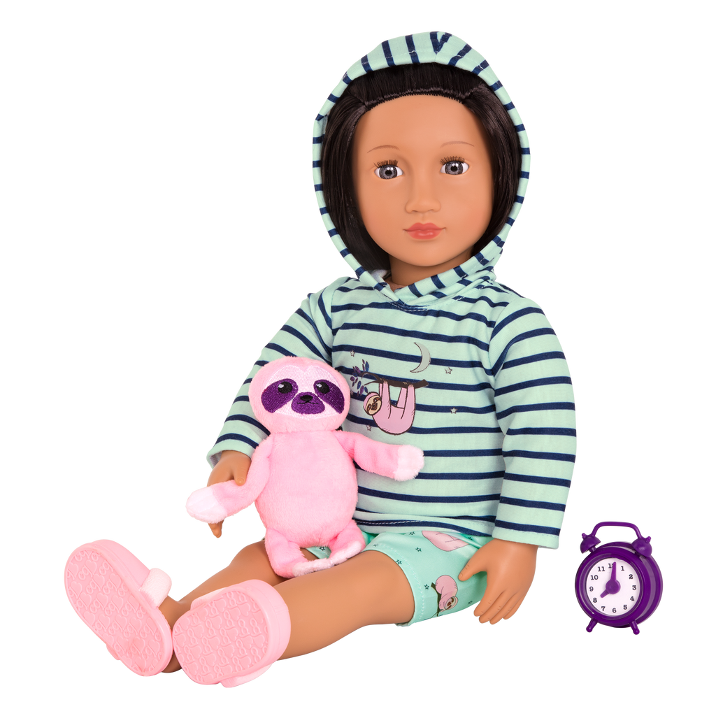 Sloth-themed pajamas with sloth plushie and alarm clock for 18-inch doll