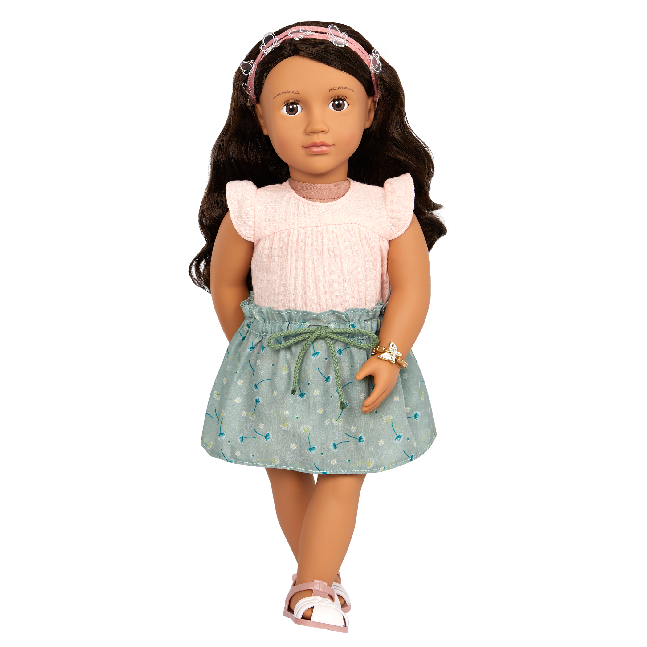 Pink shirt, green skirt, pink sandals and accessories for 46cm dolls