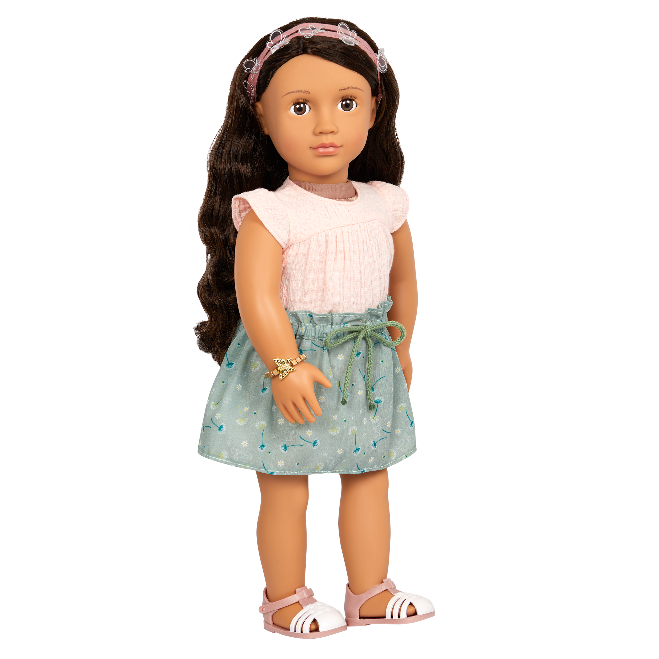 Pink shirt, green skirt, pink sandals and accessories for 46cm dolls