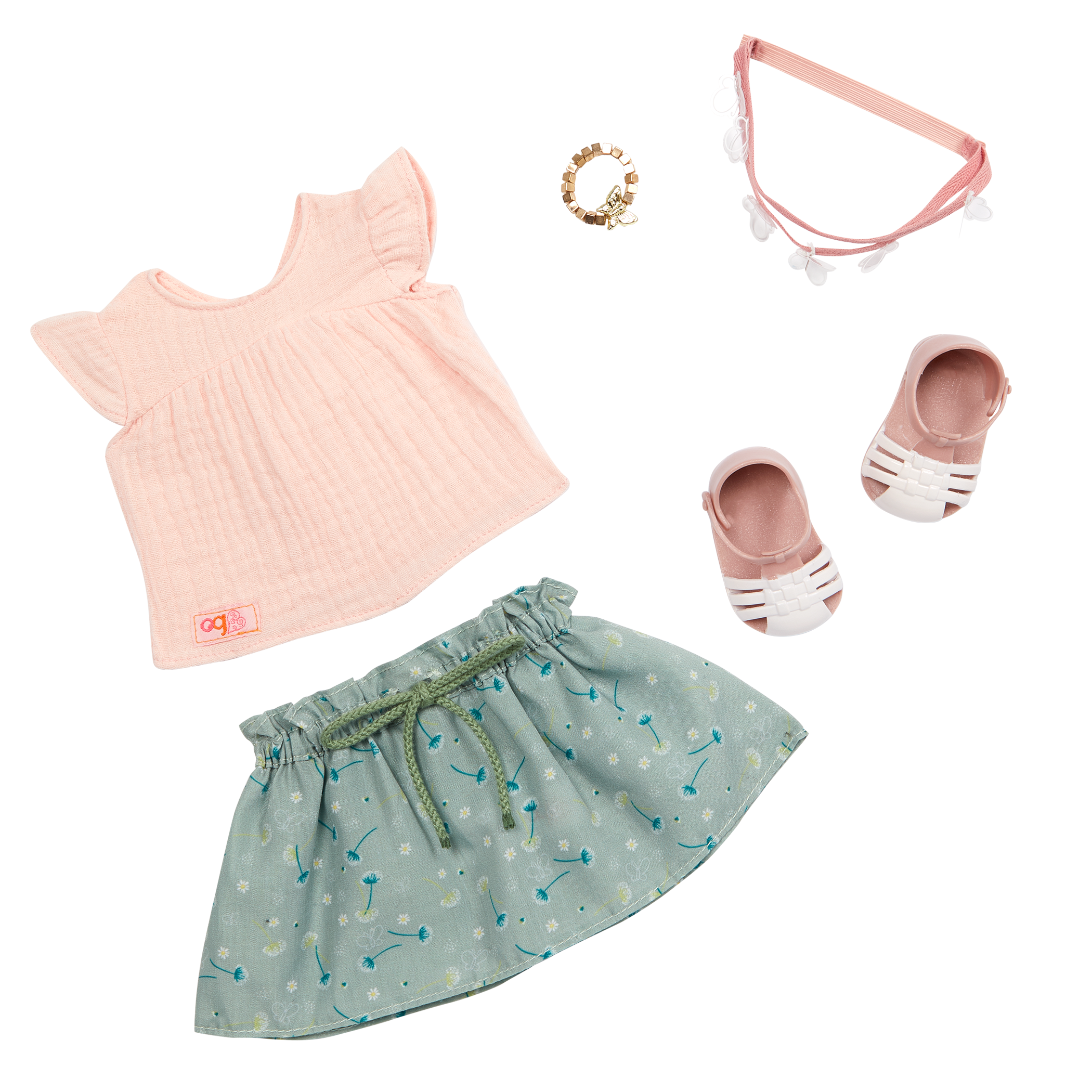 Pink shirt, green skirt, pink sandals and accessories for 46cm dolls
