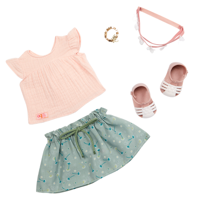 Pink shirt, green skirt, pink sandals and accessories for 46cm dolls