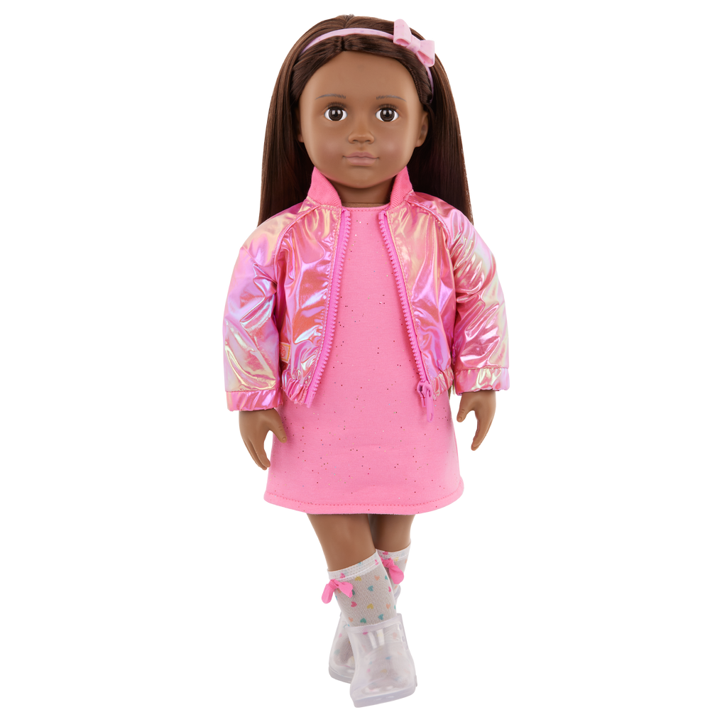 Our Generation Deluxe Outfit Splash of Pink including pink dress, shiny pink jacket, socks boots and headband