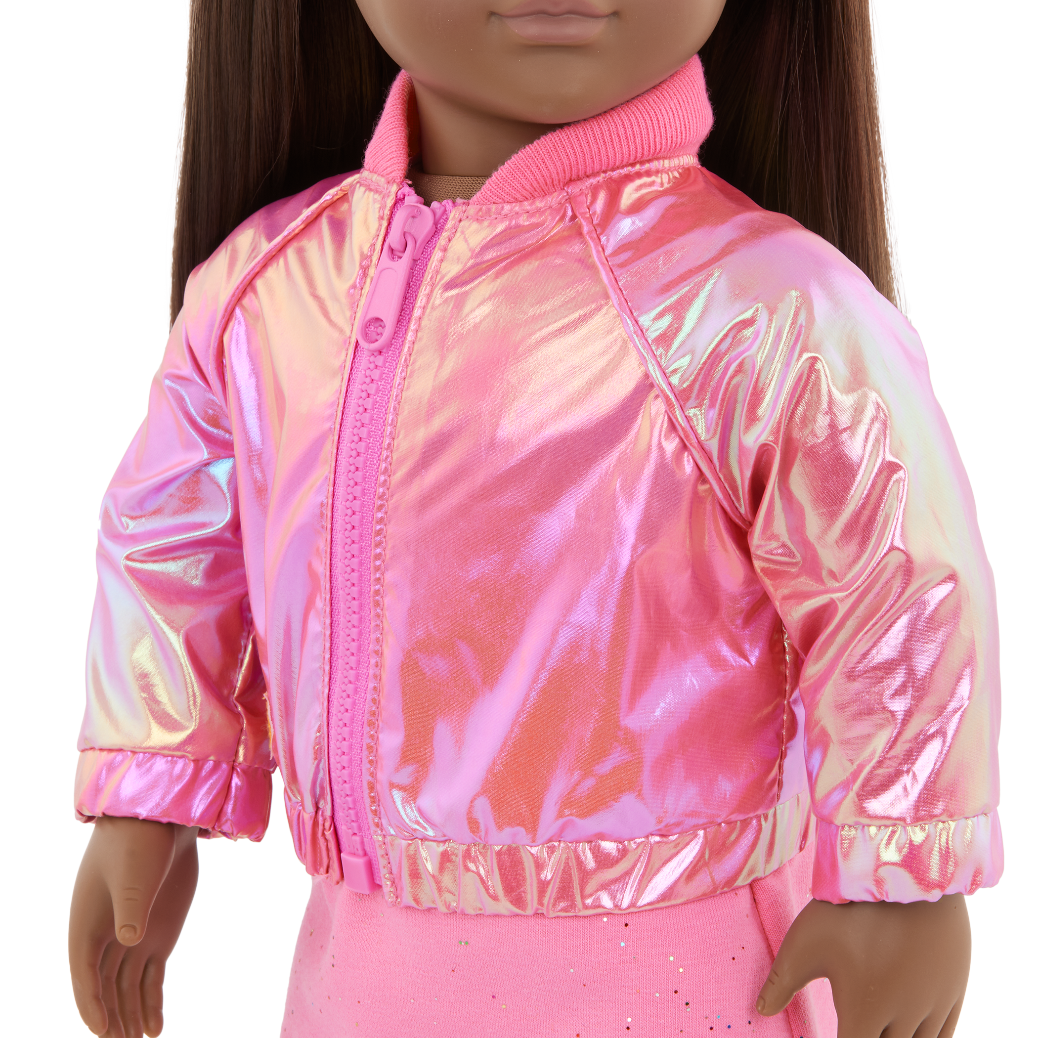 Our Generation Deluxe Outfit Splash of Pink including pink dress, shiny pink jacket, socks boots and headband