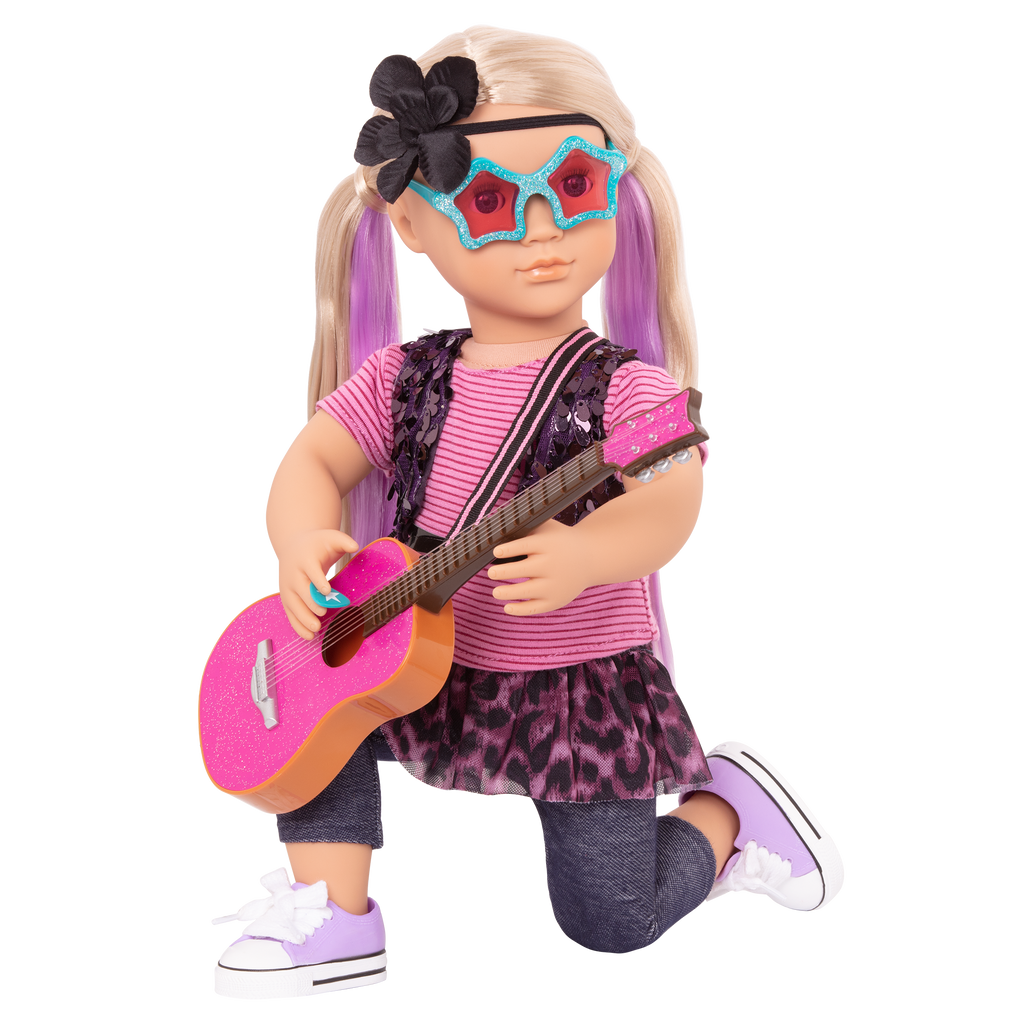 18-inch doll with blonde hair, blue eyes, purple streaks, guitar and storybook