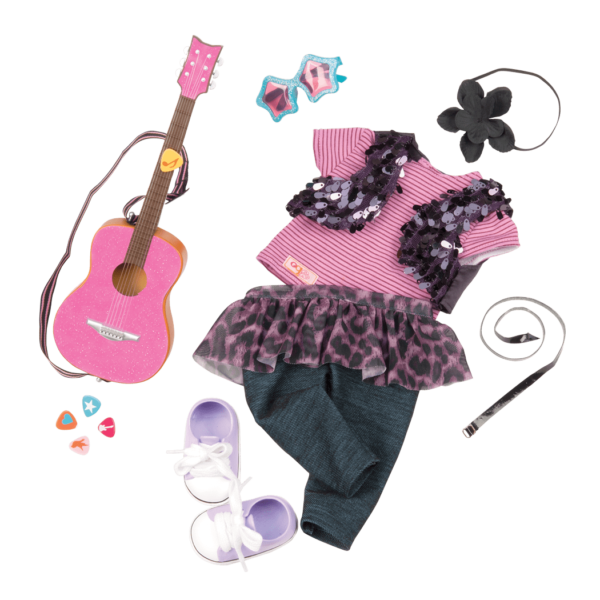 18-inch doll with blonde hair, blue eyes, purple streaks, guitar and storybook