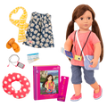 18-inch doll with brown hair, brown eyes, travel accessories and storybook