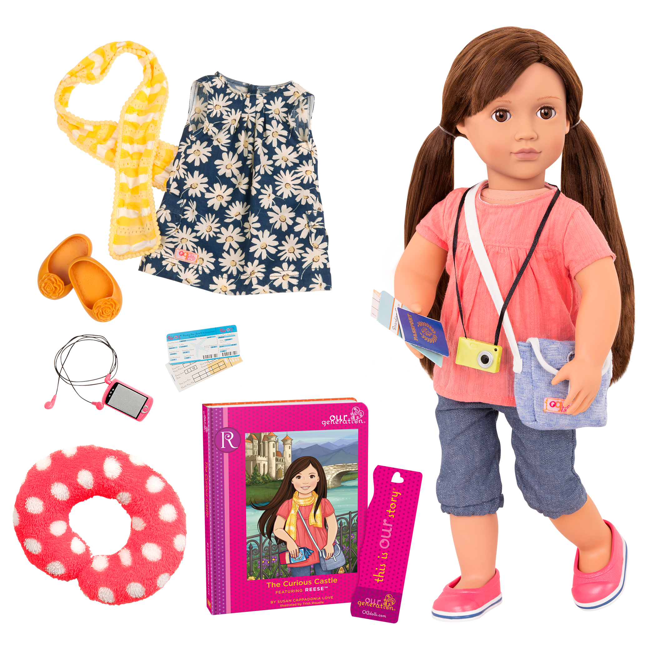 18-inch doll with brown hair, brown eyes, travel accessories and storybook