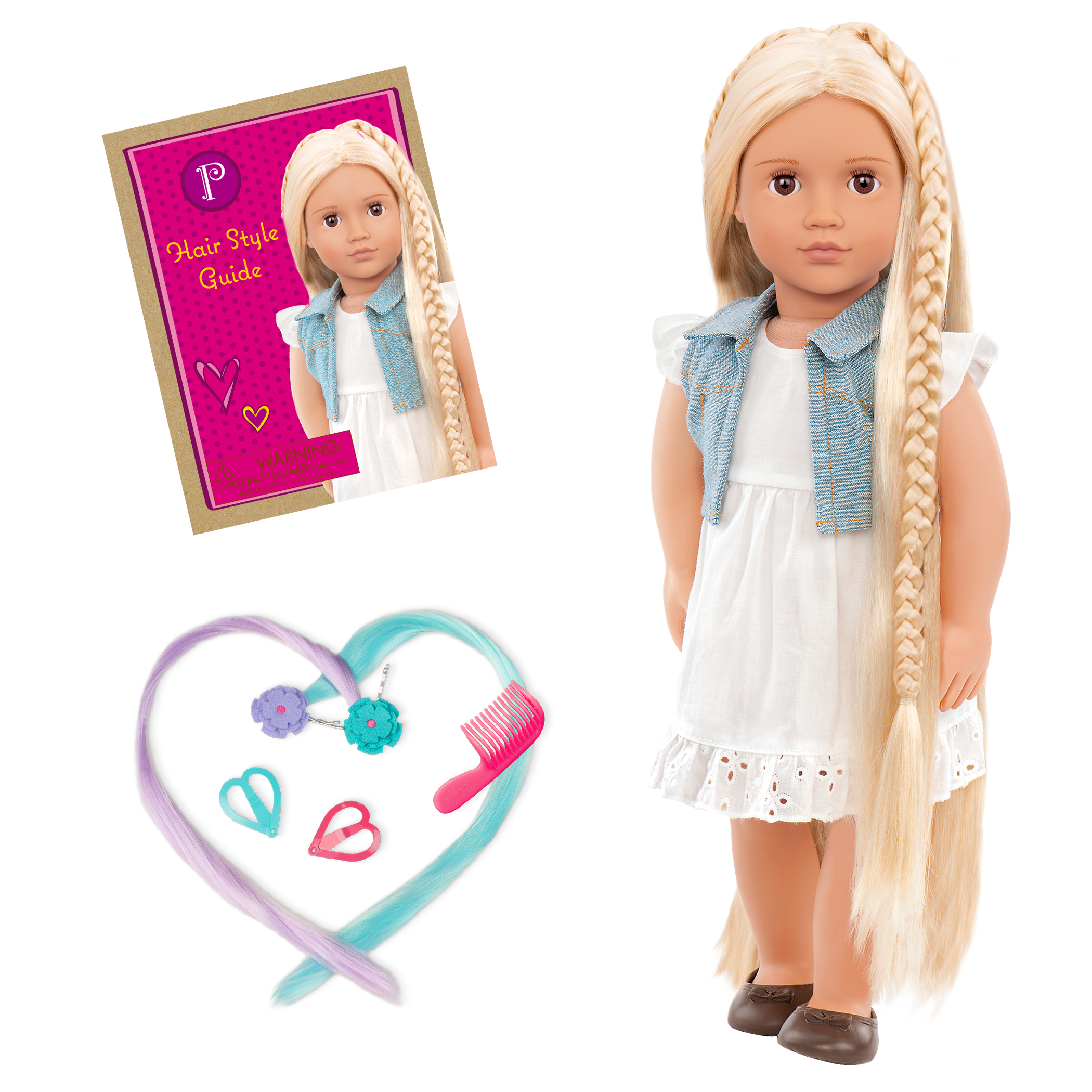 18-inch doll with blonde hair, brown eyes and extensions