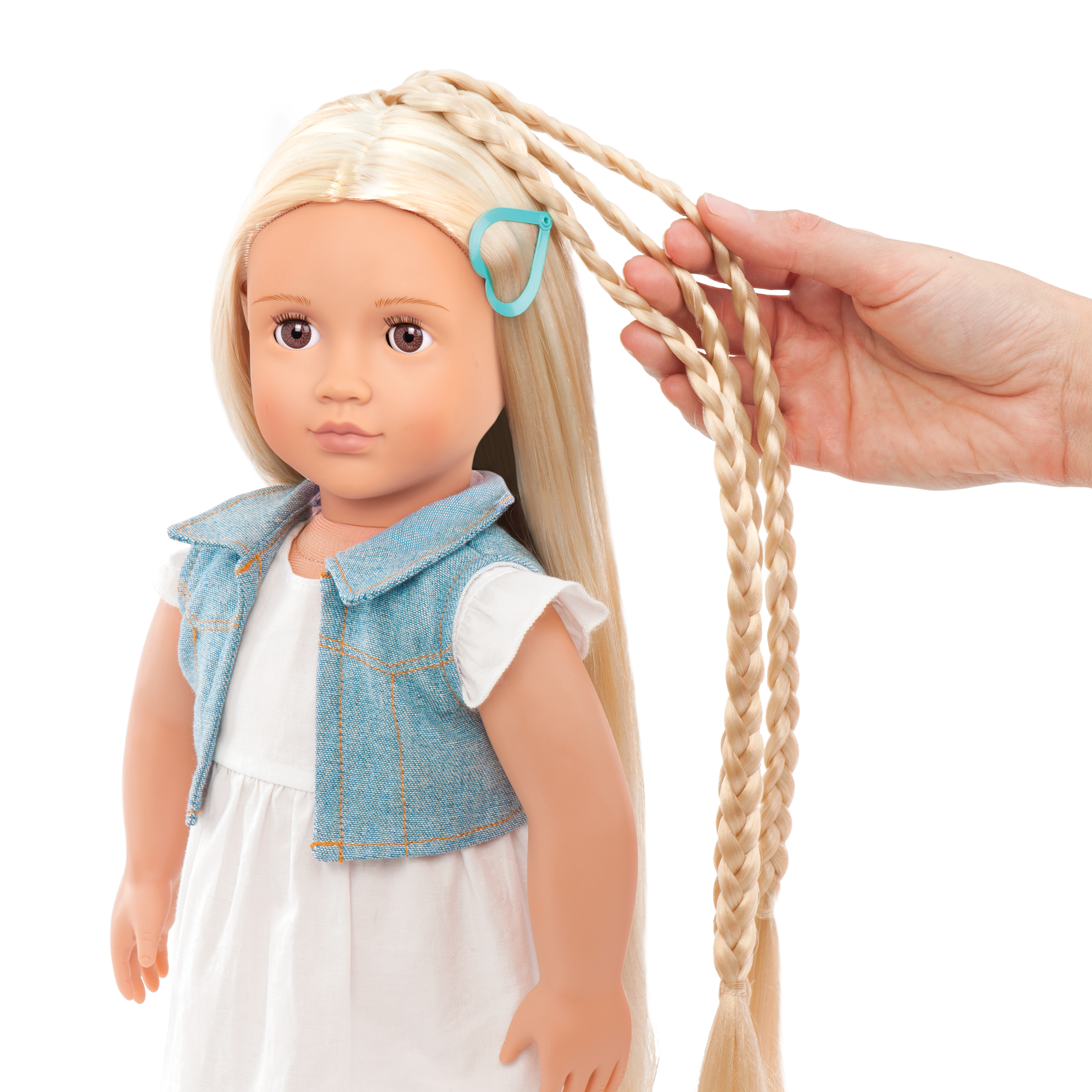 18-inch doll with blonde hair, brown eyes and extensions