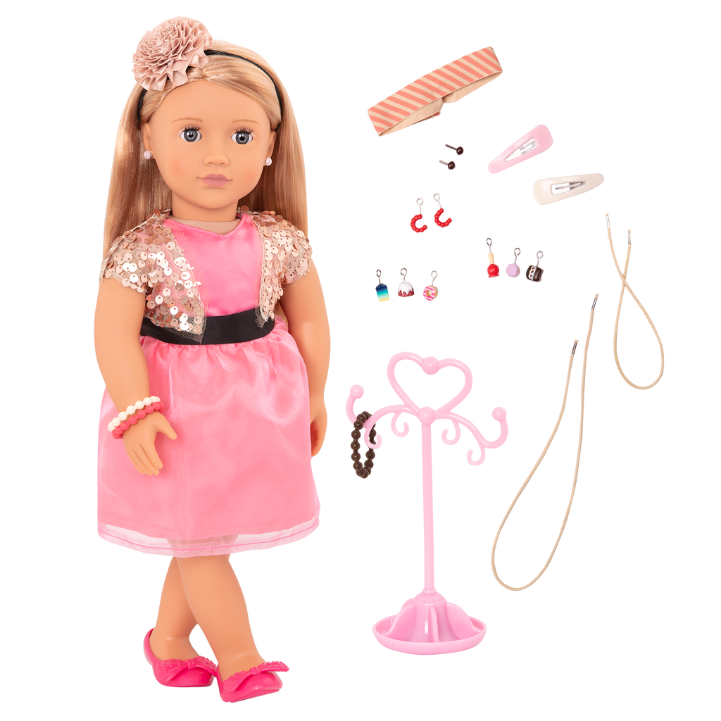 46 cm doll with blonde hair, gray eyes, jewelry and stand