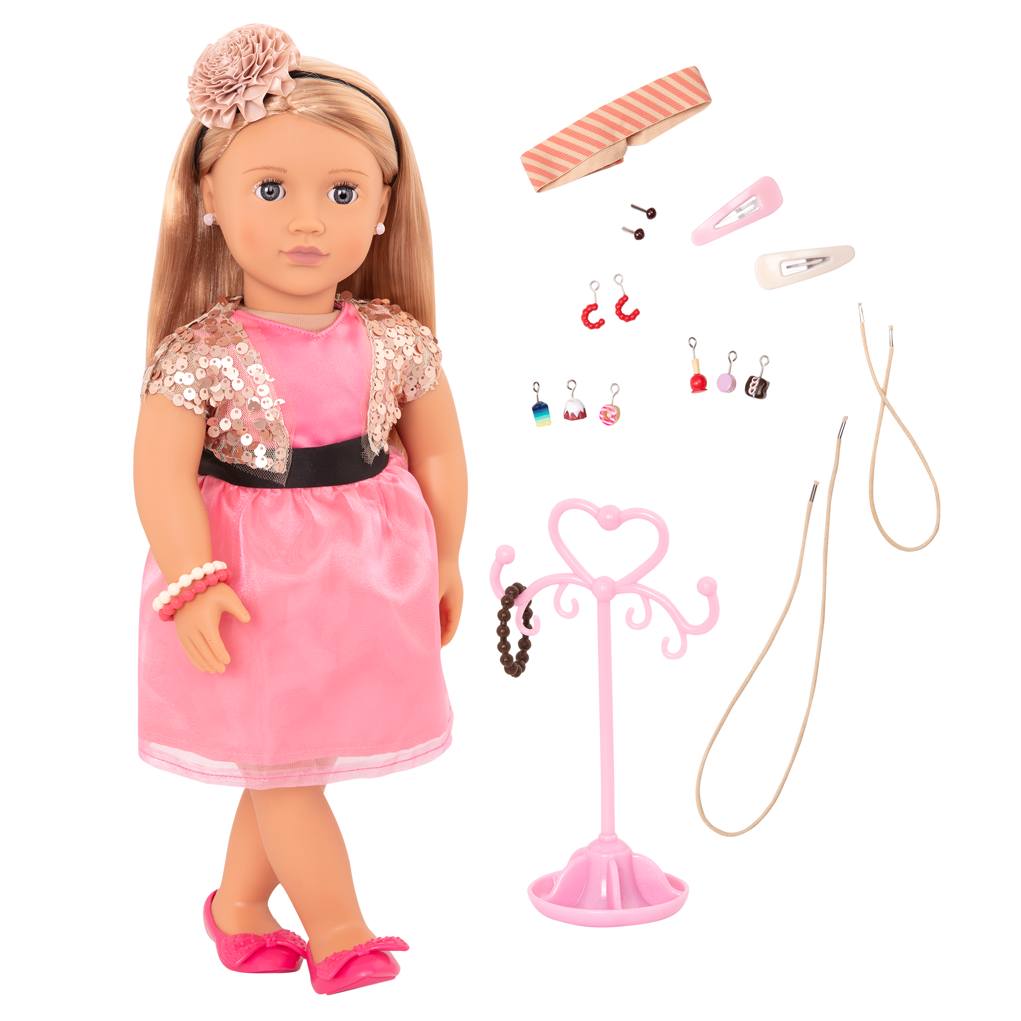 46 cm doll with blonde hair, gray eyes, jewelry and stand
