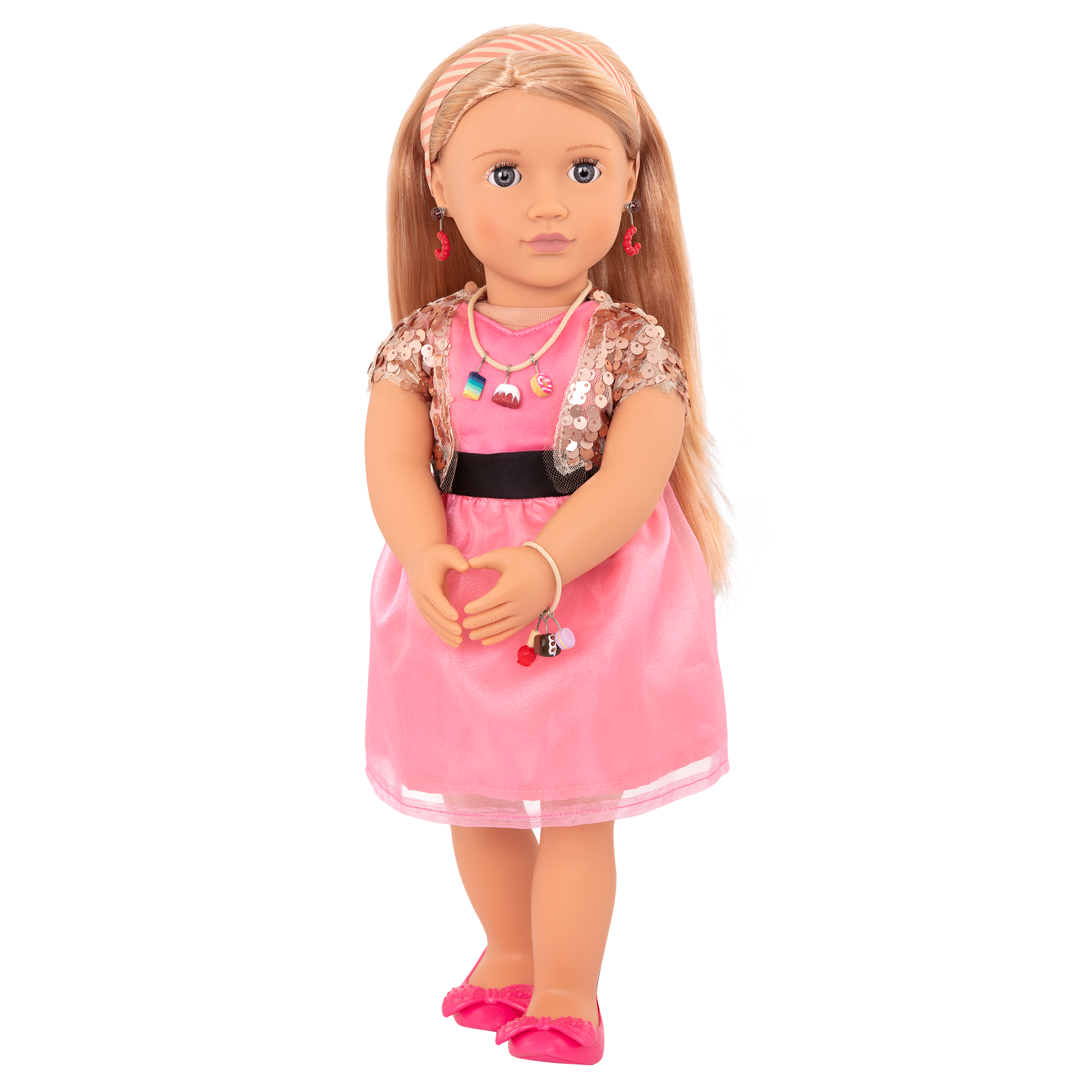 46 cm doll with blonde hair, gray eyes, jewelry and stand