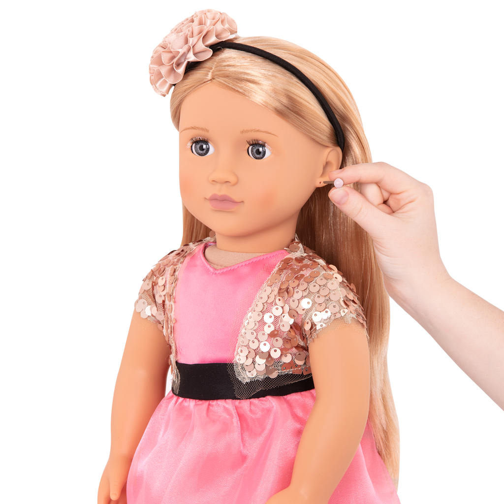 46 cm doll with blonde hair, gray eyes, jewelry and stand
