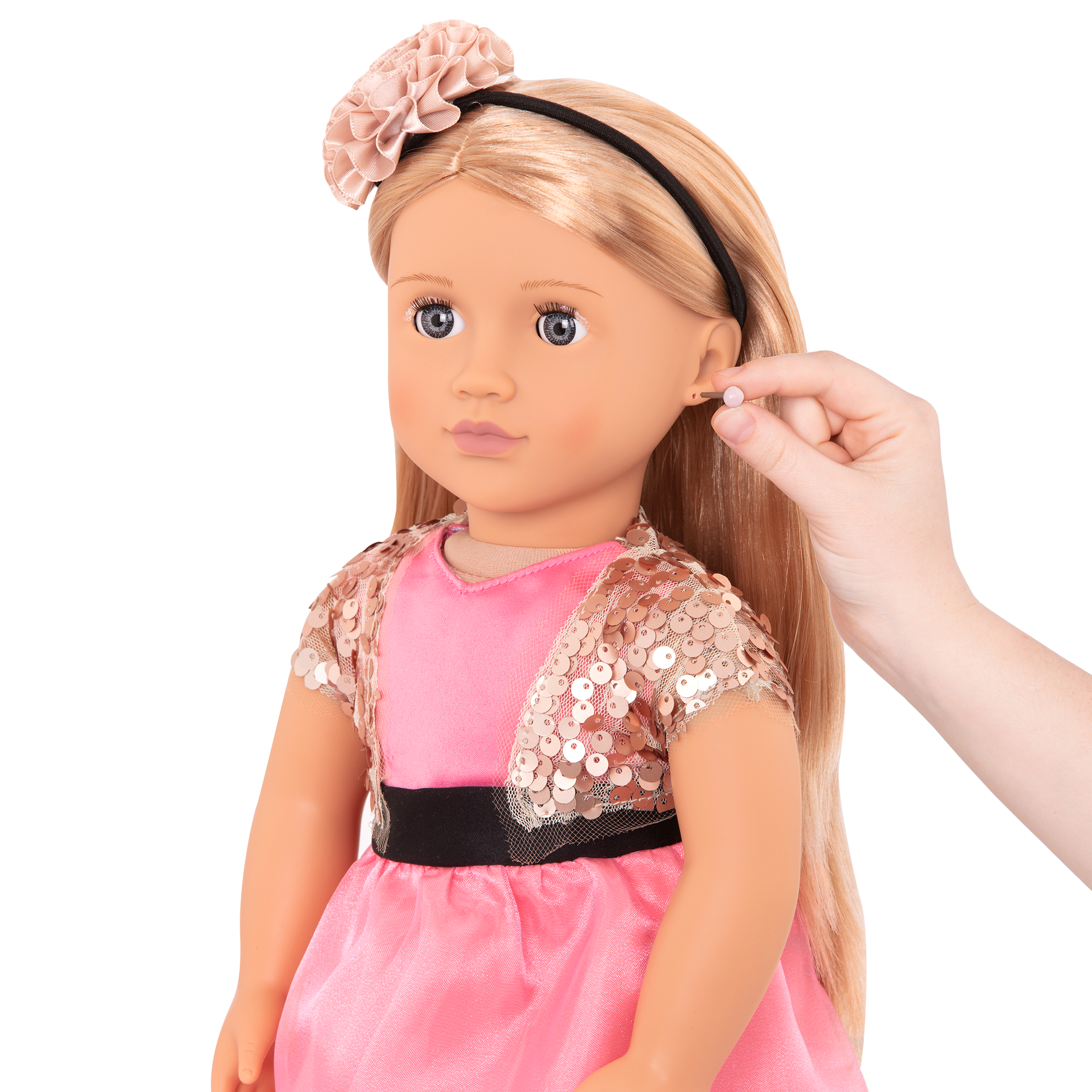 46 cm doll with blonde hair, gray eyes, jewelry and stand
