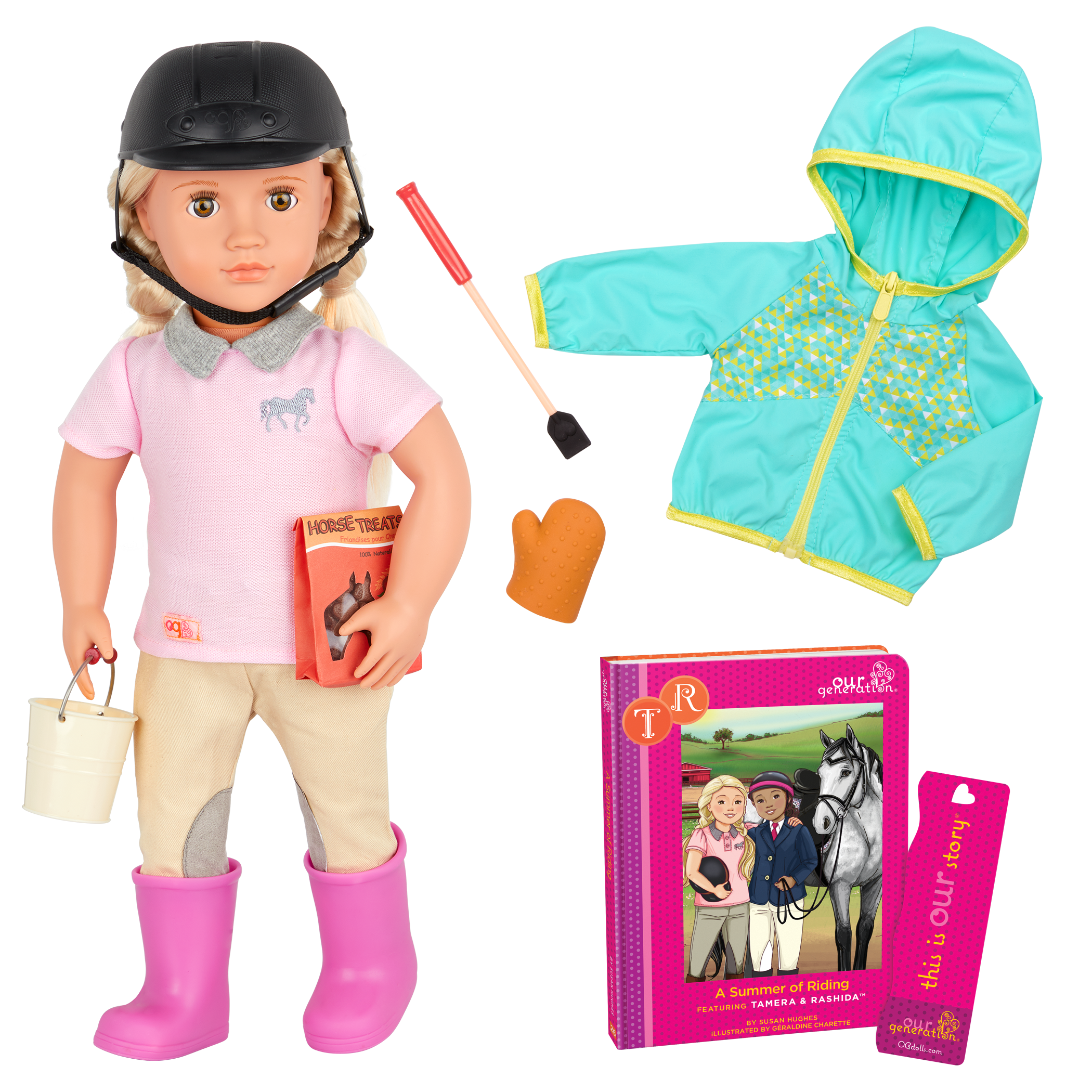 18-inch doll with blonde hair, light brown eyes, equestrian accessories and storybook