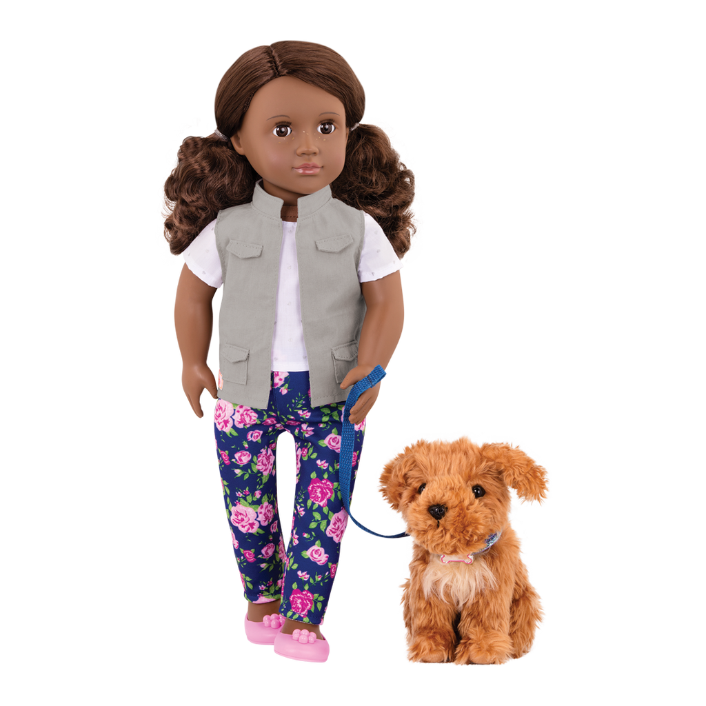 46 cm doll with brown hair and brown eyes walking poodle dog plushie