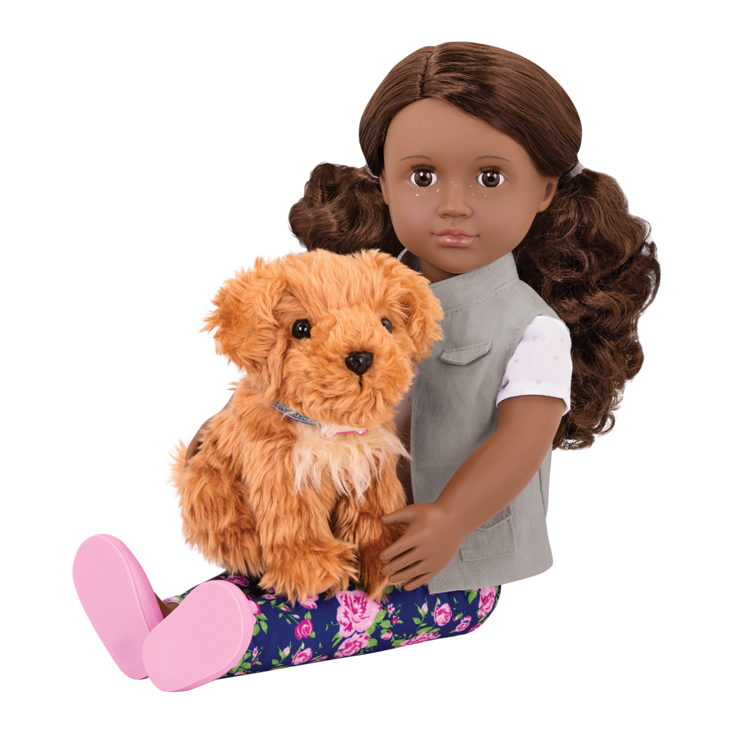 46 cm doll with brown hair and brown eyes walking poodle dog plushie