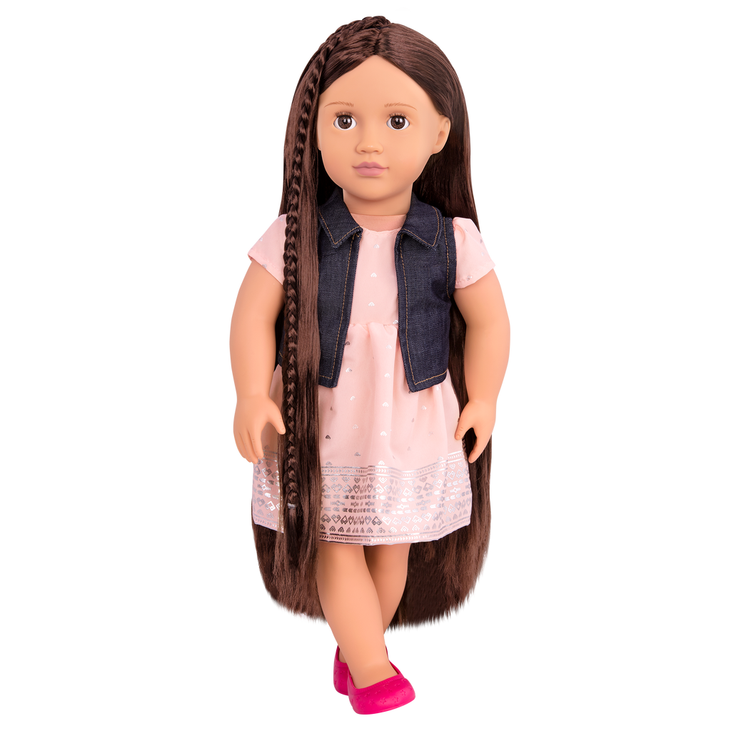 18-inch doll with brown hair, brown eyes and extensions