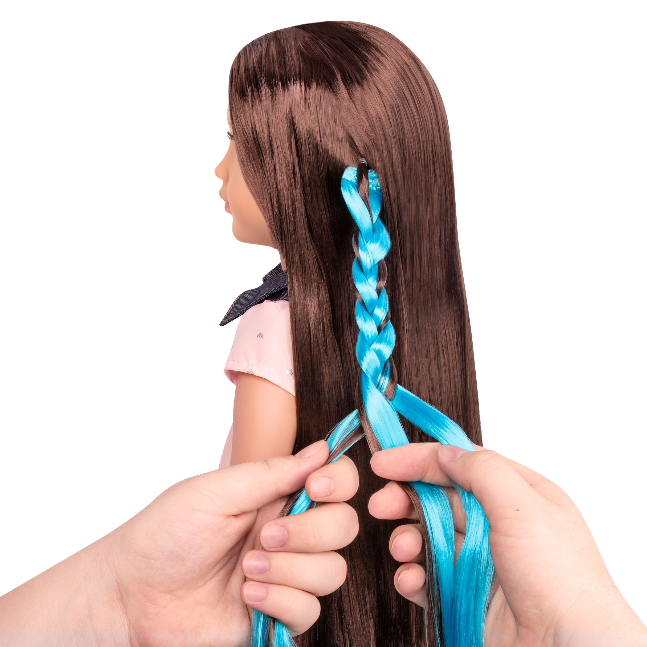 18-inch doll with brown hair, brown eyes and extensions