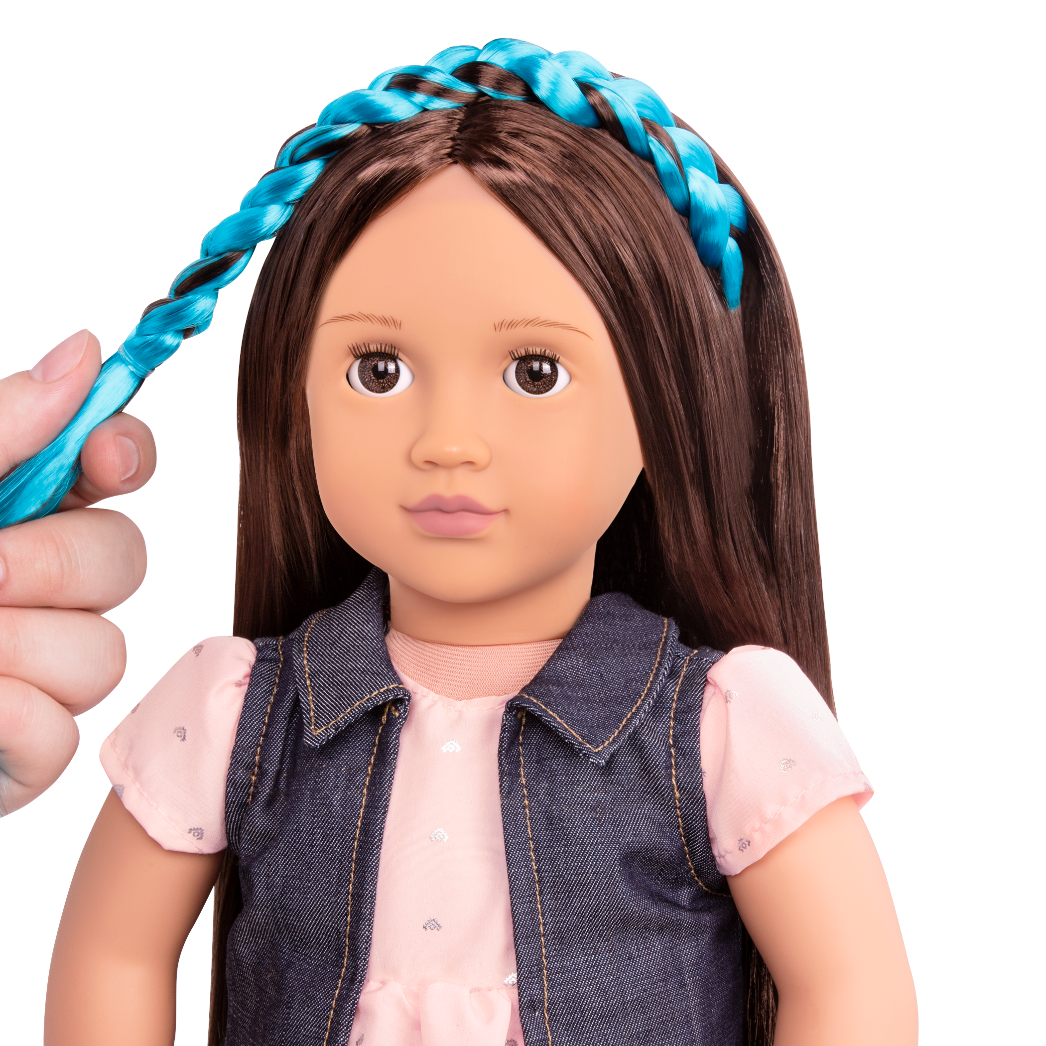 18-inch doll with brown hair, brown eyes and extensions