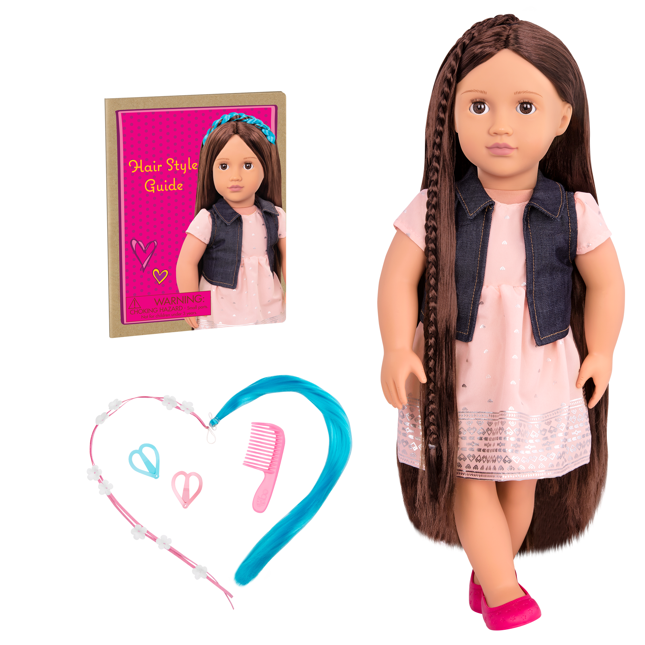 18-inch doll with brown hair, brown eyes and extensions
