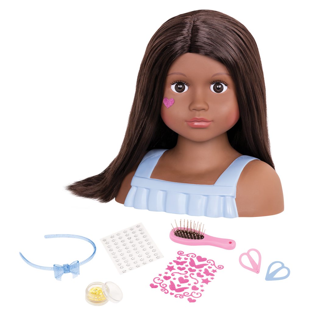 Brunette doll styling head with hair accessories