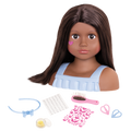 Brunette doll styling head with hair accessories