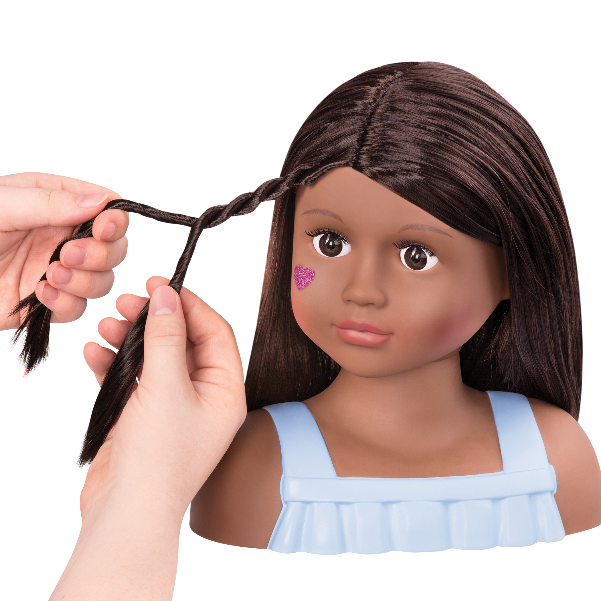 Brunette doll styling head with hair accessories