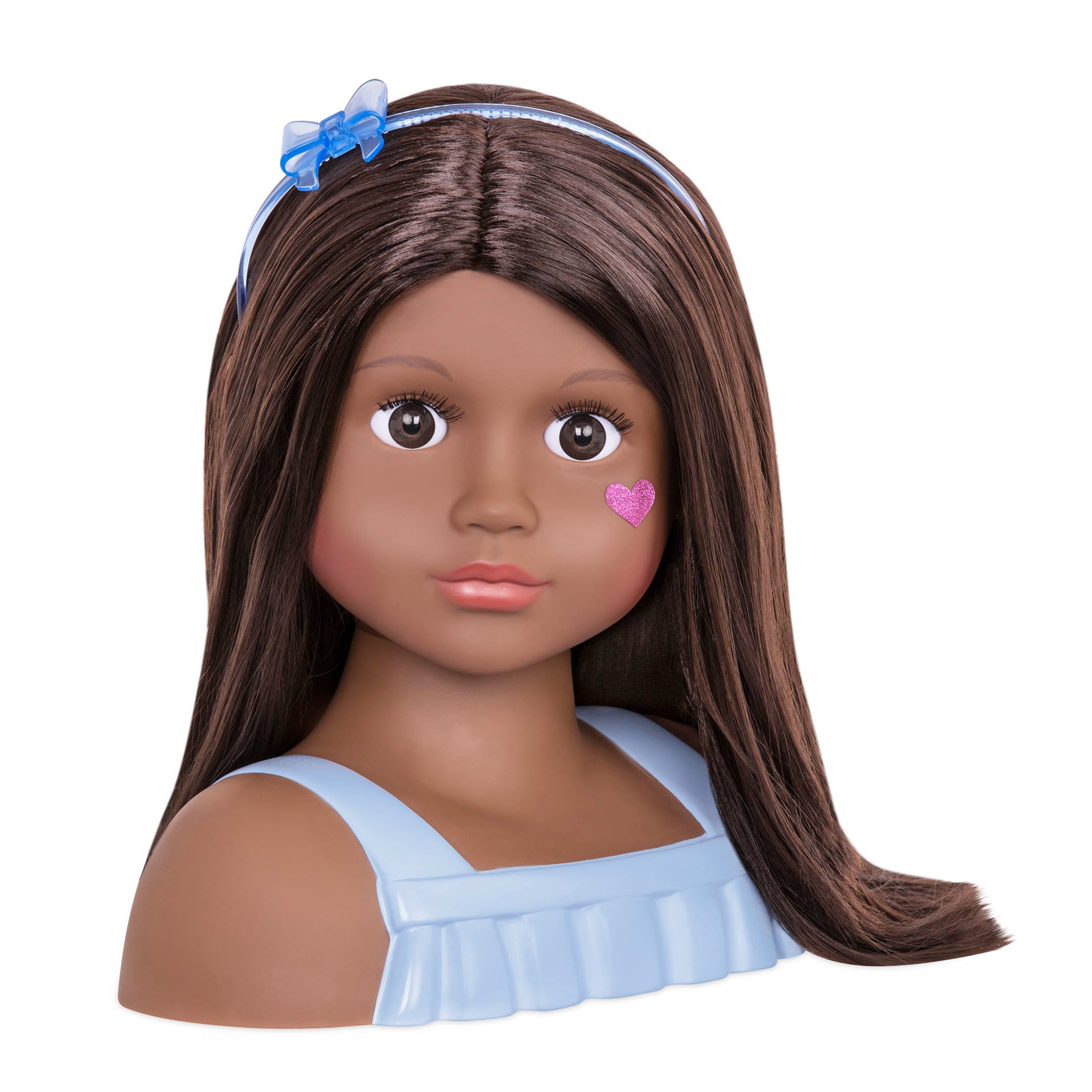 Brunette doll styling head with hair accessories