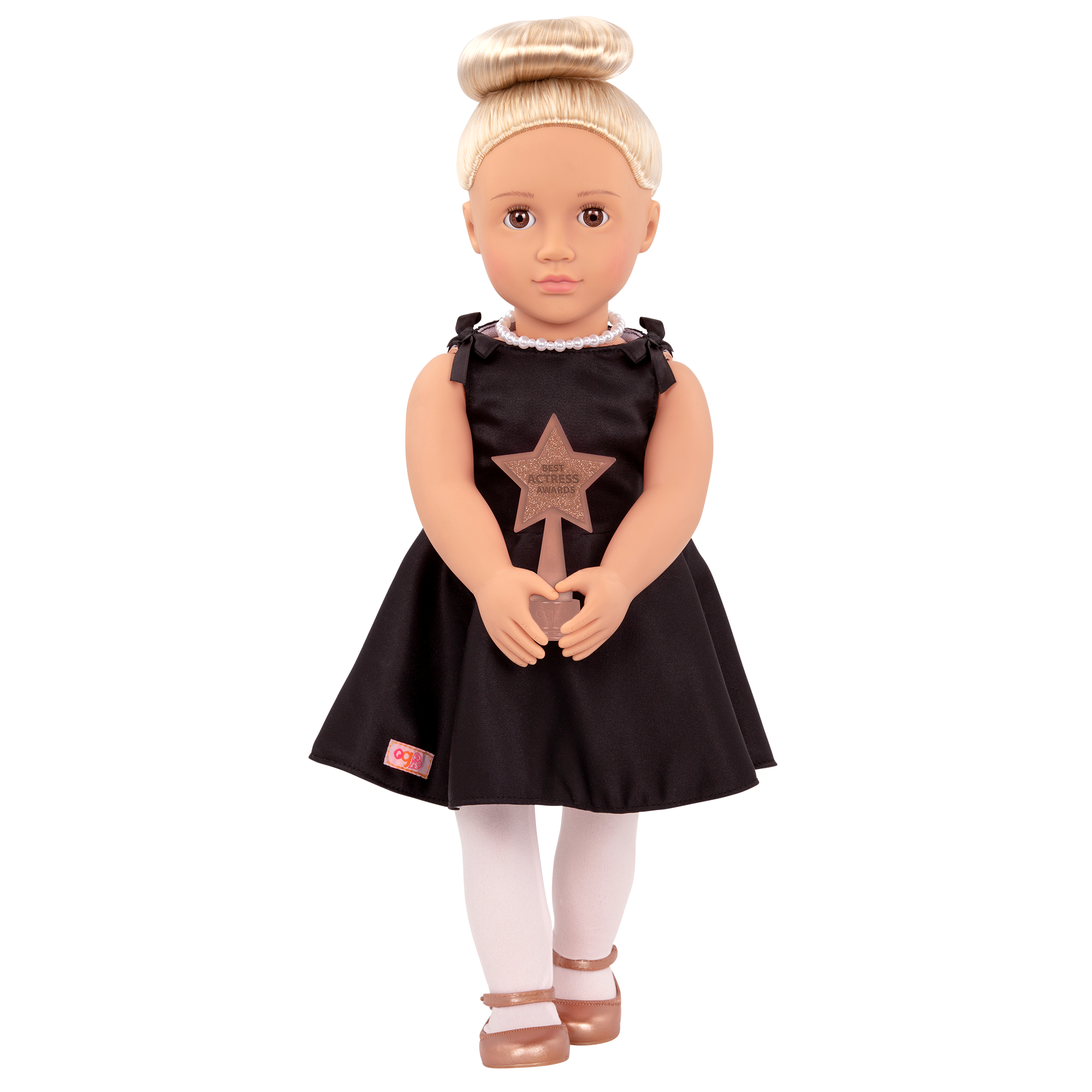 18-inch actress doll with blonde hair and hazel eyes holding award