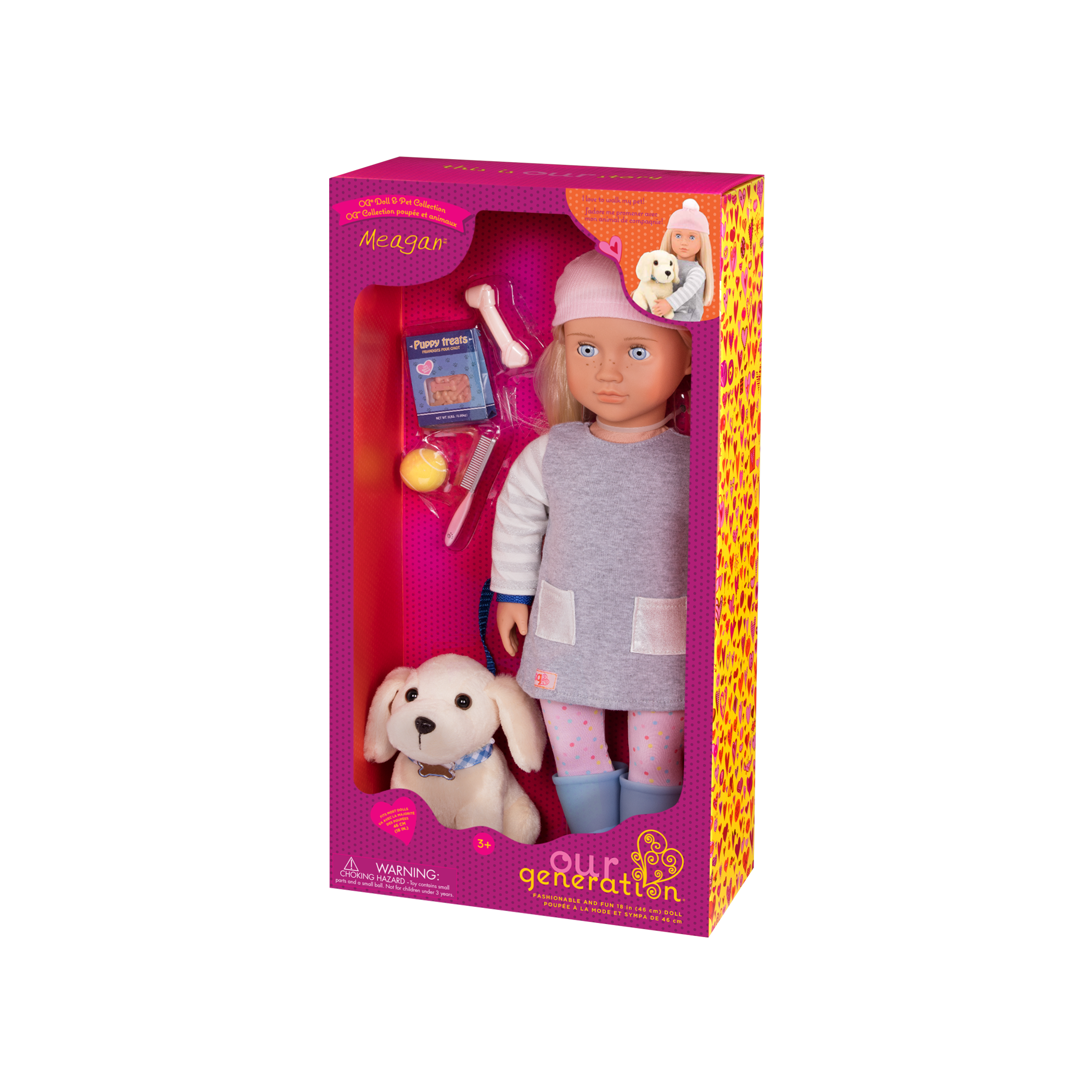 18-inch doll with blonde hair, pale blue eyes and dog accessories walking golden retriever plushie