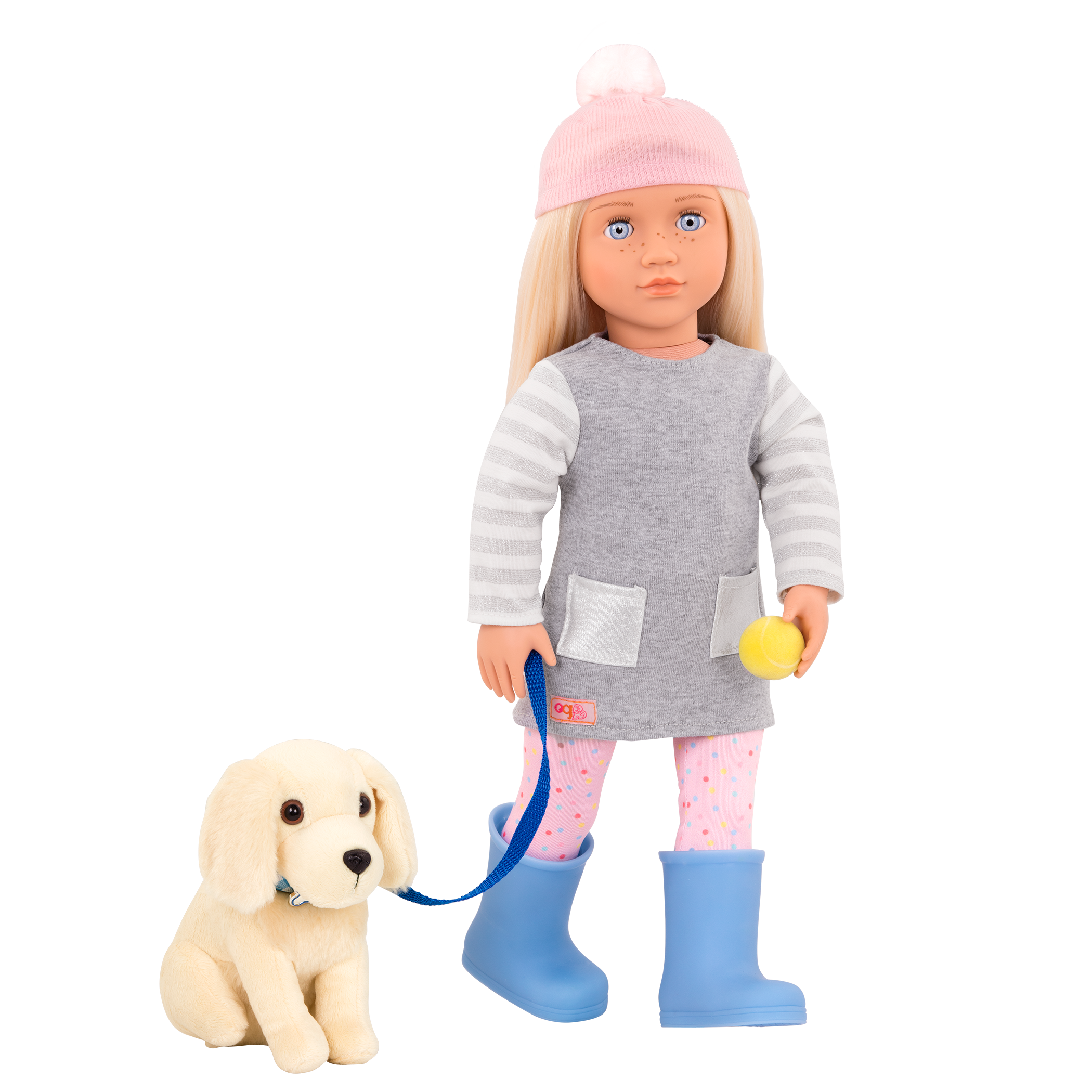 18-inch doll with blonde hair, pale blue eyes and dog accessories walking golden retriever plushie