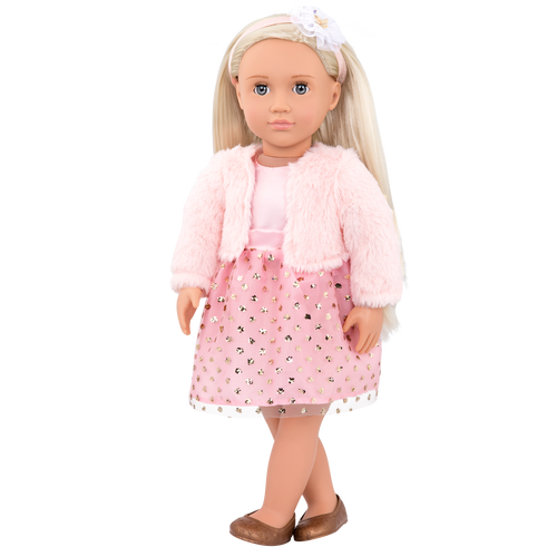 18-inch doll with blonde hair and gray-blue eyes