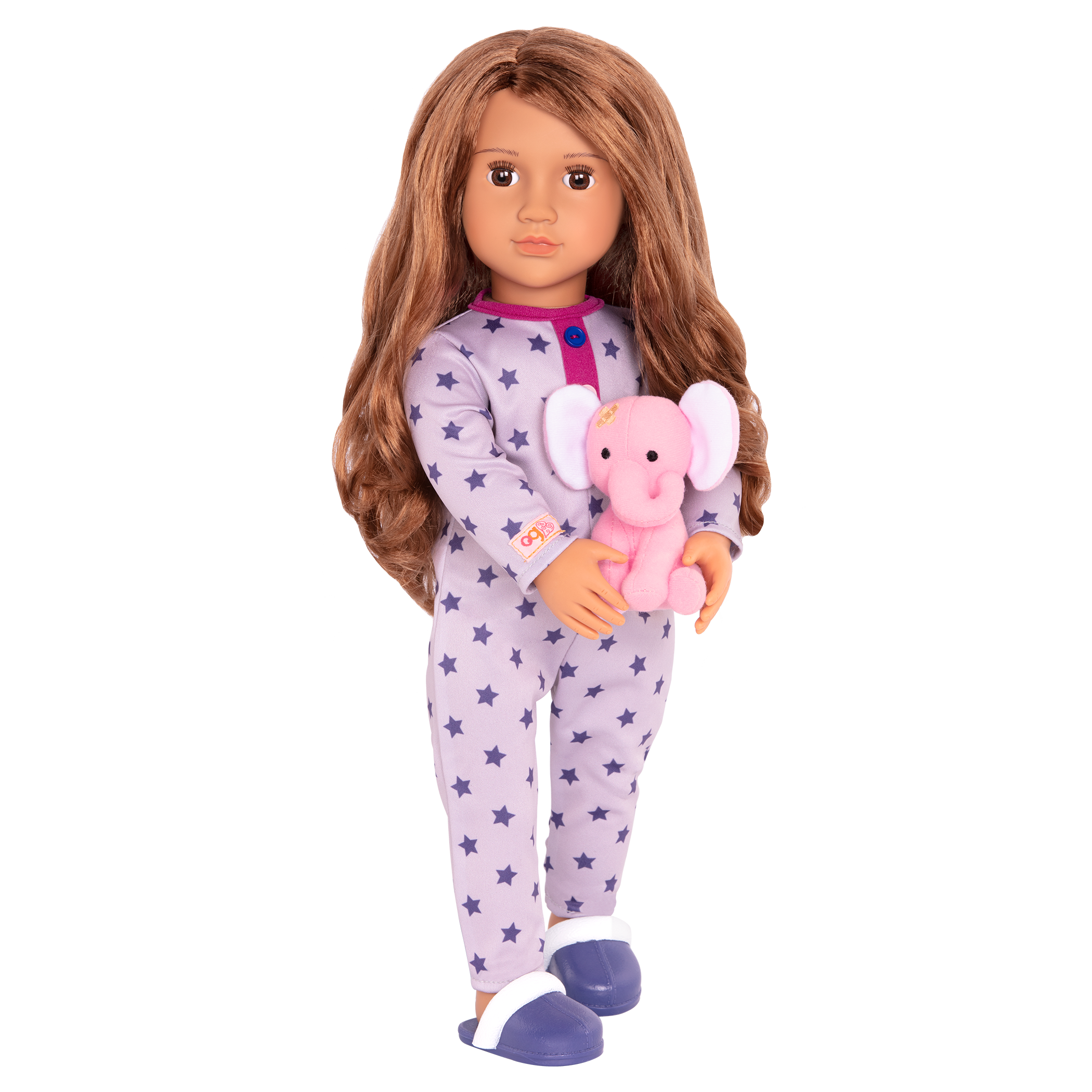 18-inch sleepover doll with light-brown hair and brown eyes holding elephant plushie