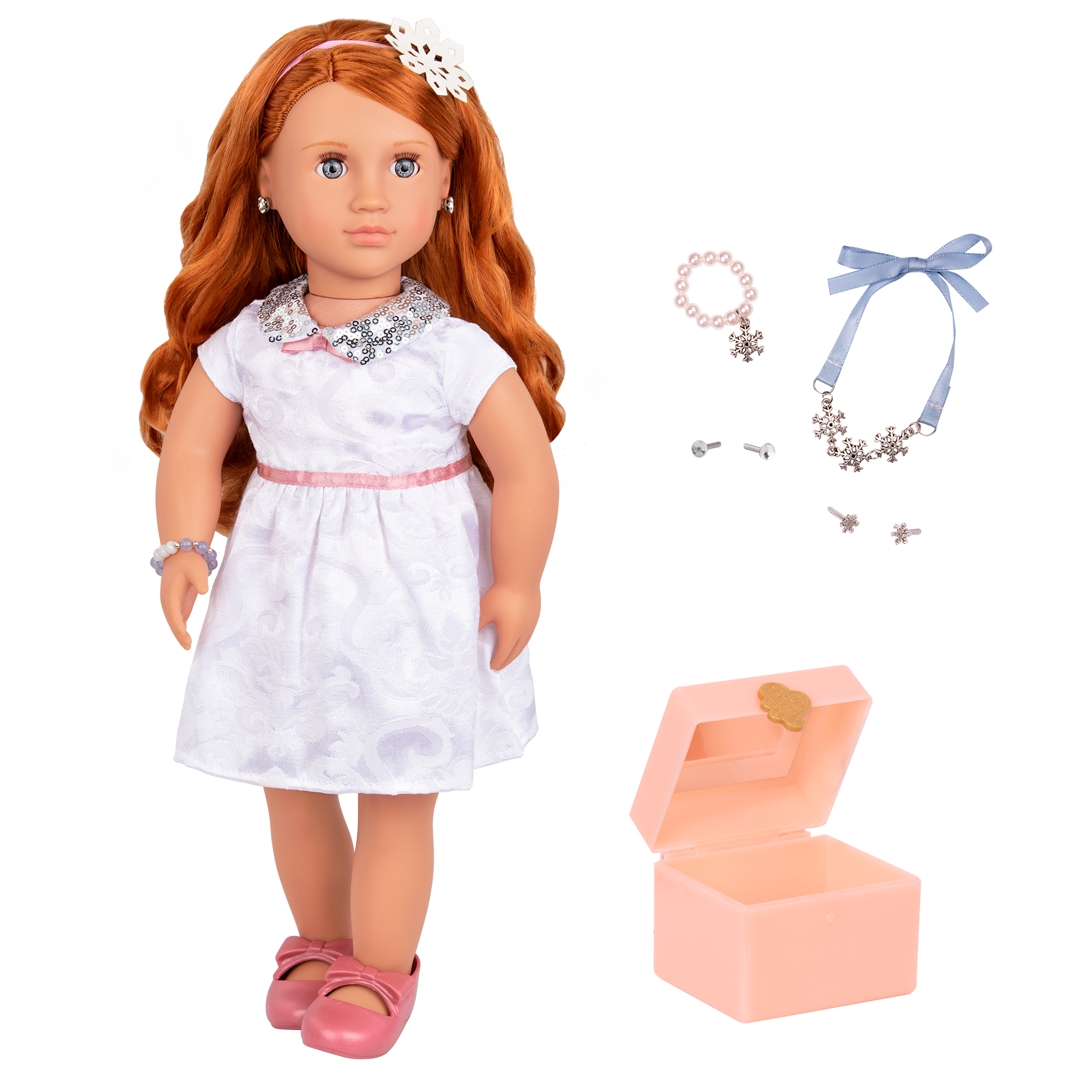 18-inch doll with red hair, blue eyes, jewelry and box