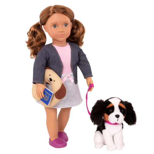 18-inch doll with brown hair, turquoise eyes, travel accessories and Bernese mountain dog plushie