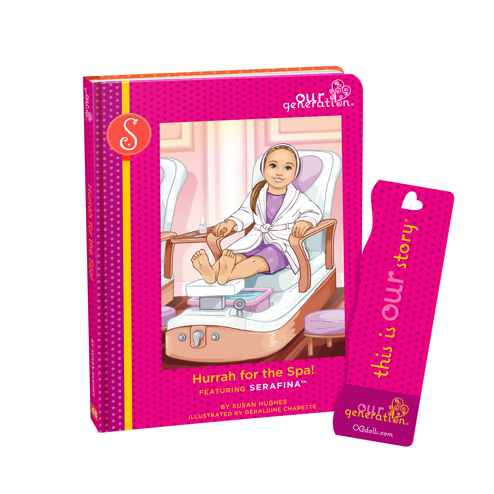 Our Generation story book in spa playset with 18 inch doll with blond hair and hazel eyes