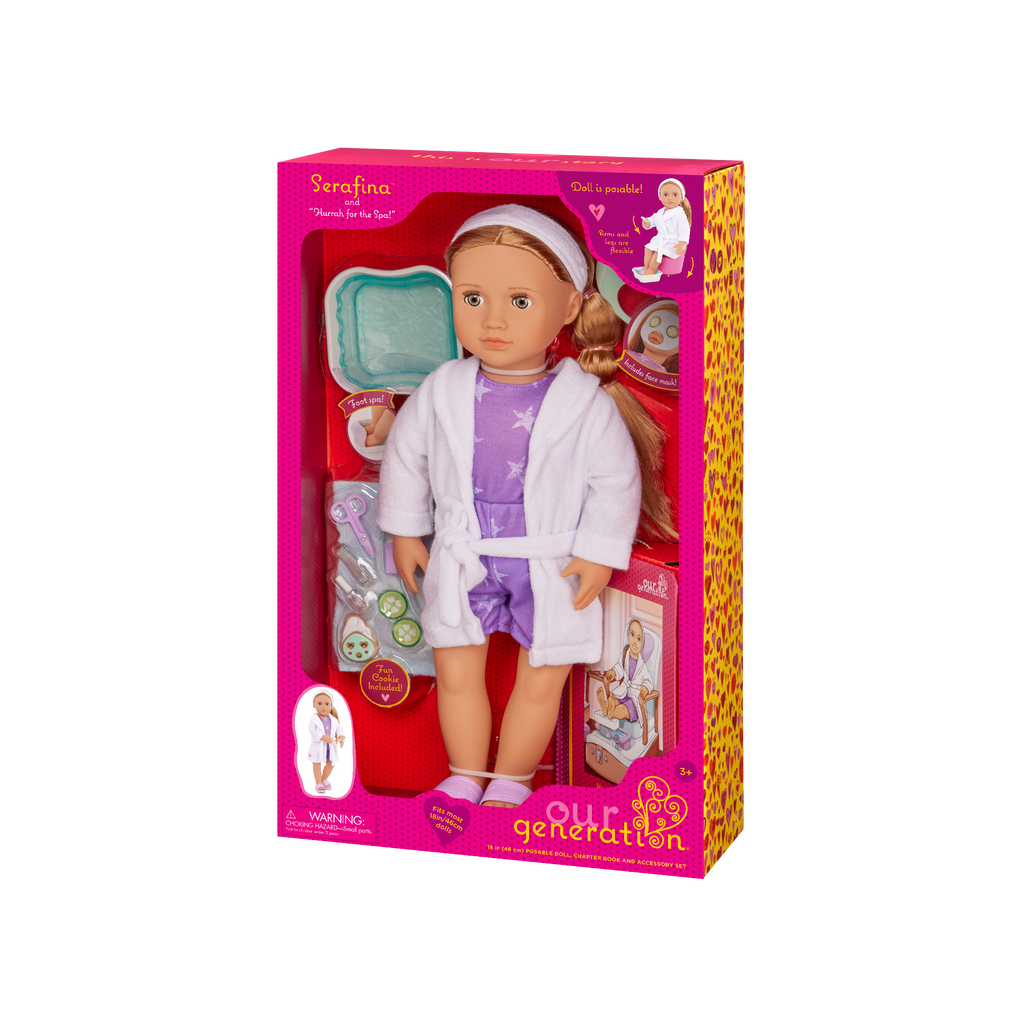 Our Generation spa playset with 18 inch doll with blond hair and hazel eyes package