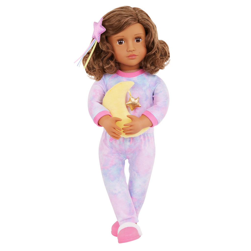 Our Generation Luna 18-inch doll with brown hair and brown eyes slumber party pajama