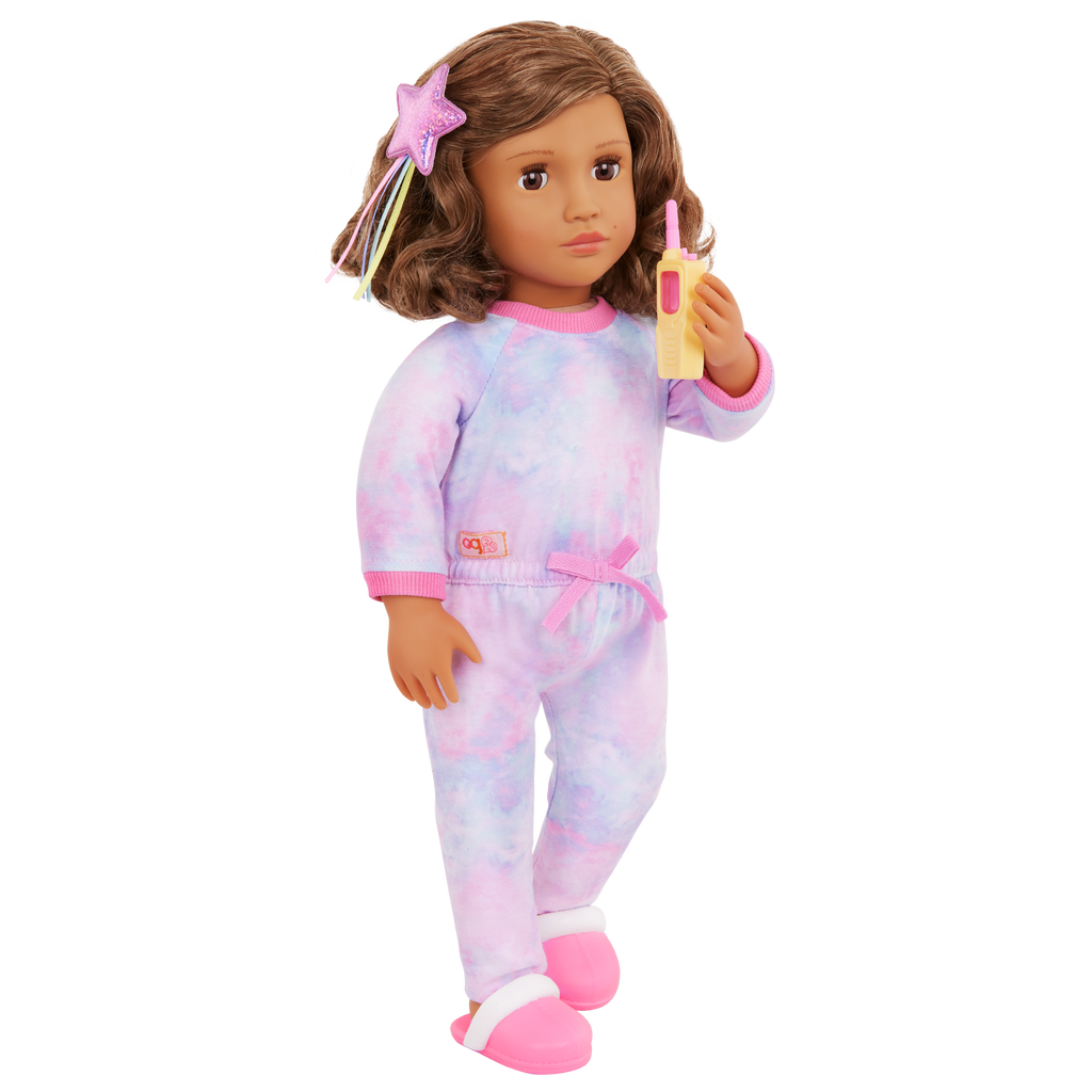 Our Generation Luna 18-inch doll with brown hair and brown eyes slumber party pajama