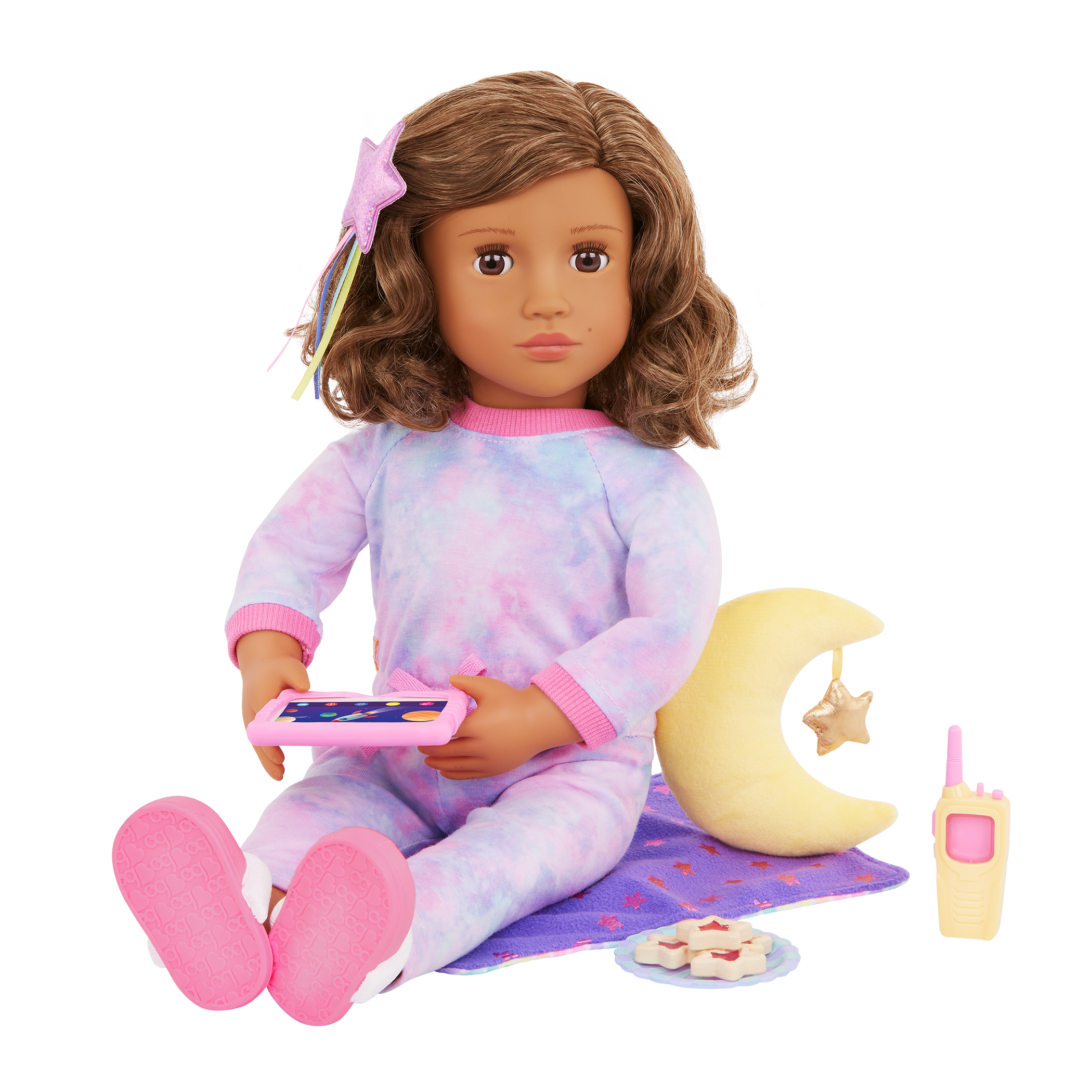 Our Generation Luna 18-inch doll with brown hair and brown eyes slumber party pajama