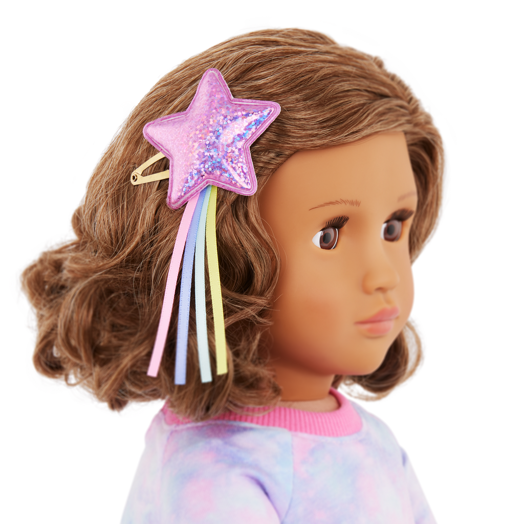 Our Generation Luna 18-inch doll with brown hair and brown eyes slumber party pajama