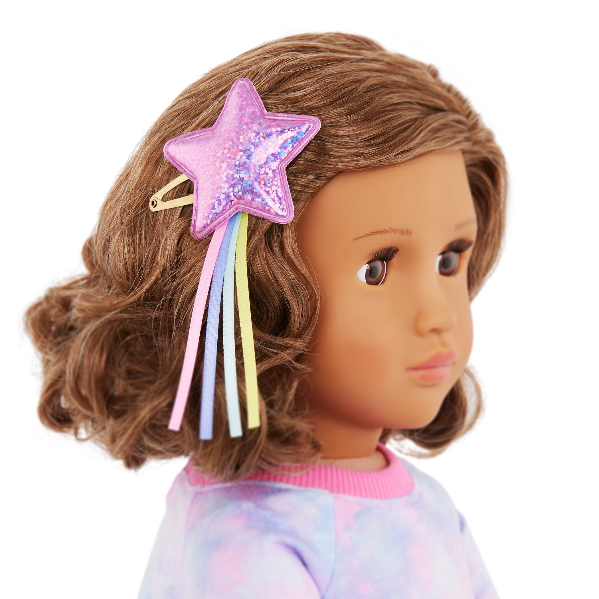 Our Generation Luna 18-inch doll with brown hair and brown eyes slumber party pajama